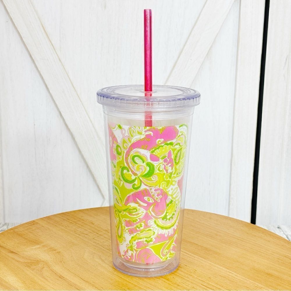 Lilly Pulitzer Elephants Acrylic Tumbler Cup Pink Green 20oz Lid Straw - Picture 3 of 9